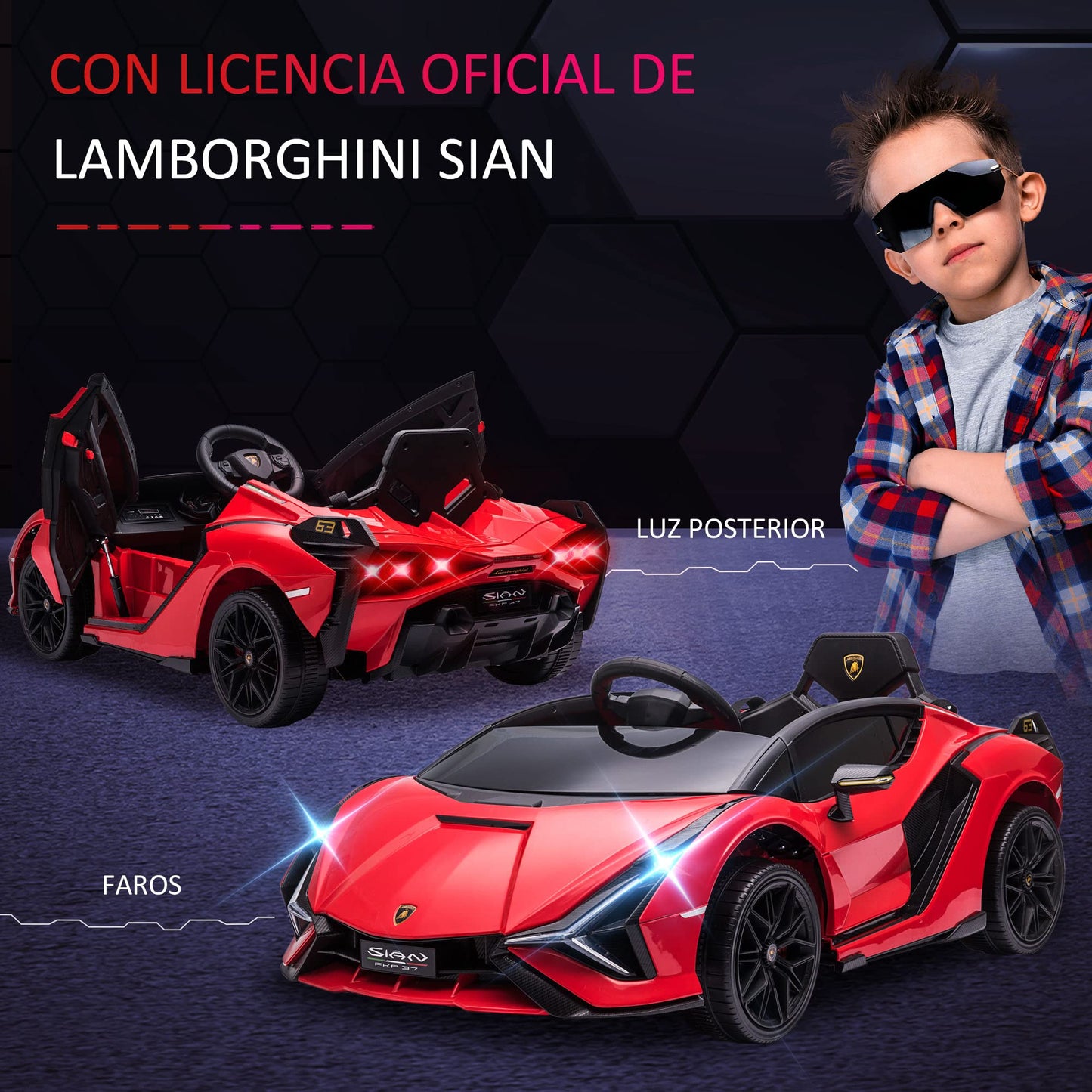Carro Elétrico Lamborghini SIAN 12V para Crianças +3 Anos, com Controlo Remoto, Música MP3, Portas Abertas e Faróis