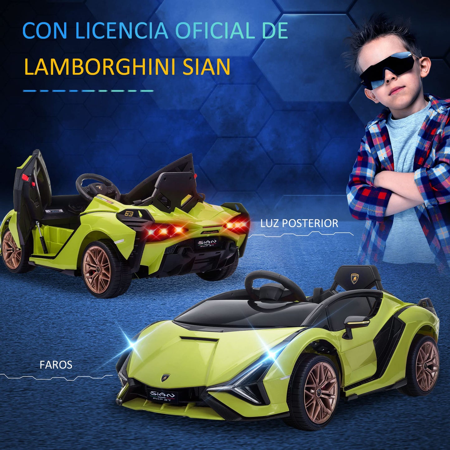 Carro Elétrico Lamborghini SIAN 12V para Crianças +3 Anos, com Controlo Remoto, Música MP3, Portas Abertas e Faróis