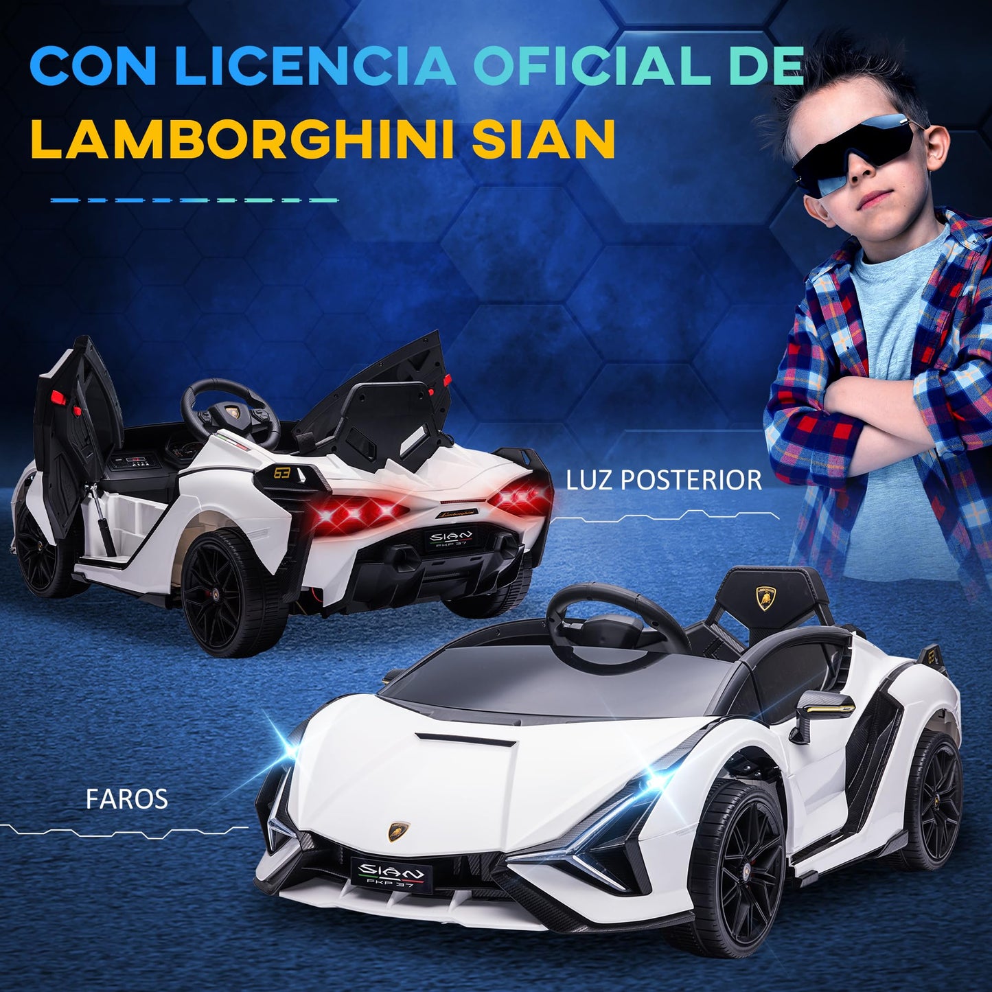 Carro Elétrico Lamborghini SIAN 12V para Crianças +3 Anos, com Controlo Remoto, Música MP3, Portas Abertas e Faróis